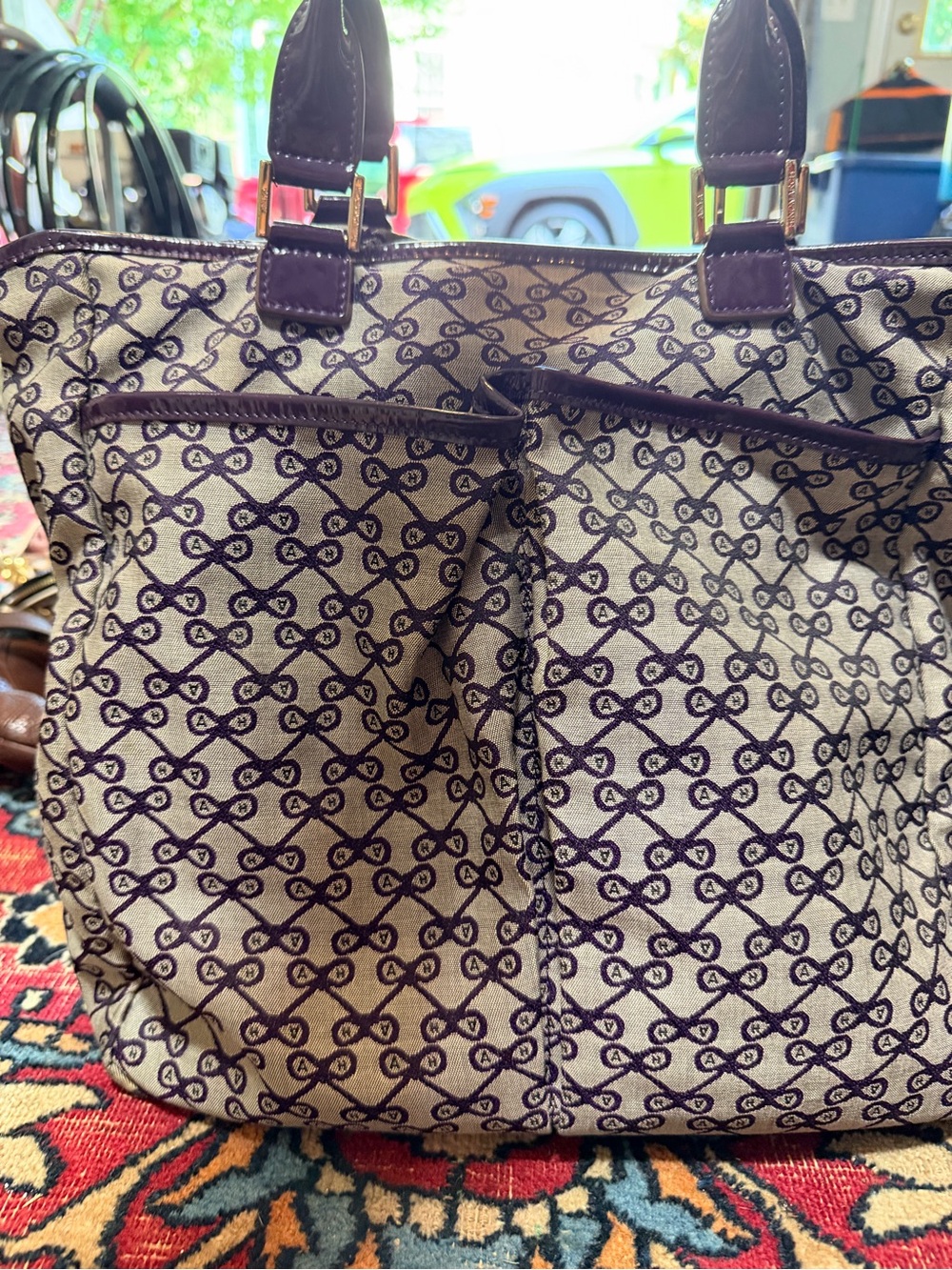 Anya Hindmarch Cream Canvas Tote with Dark Purple Motif